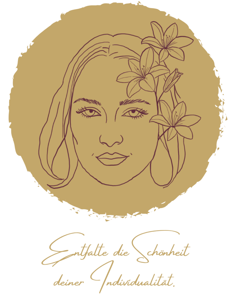 Illustration einer Frau mit Blumen und dem Schriftzug „Entfalte die Schönheit deiner Individualität“.