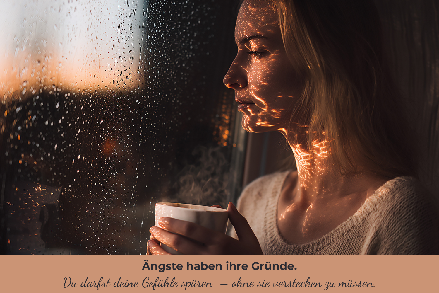 Nachdenkliche Frau am Fenster mit einer Tasse als Symbol dafür, dass Ängste und Unsicherheiten vor einem Coaching ihren Platz haben dürfen.