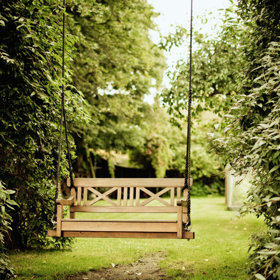 Leere Holzschaukel an Seilen in einem grünen Garten, eingerahmt von Hecken, mit einem kleinen Pfad, der zur Schaukel führt