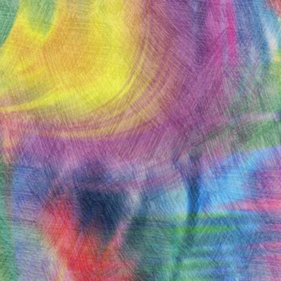 Abstrakte Zeichnung, in der sich Gelb, Violett, Blau, Rot und Grün ineinander mischen