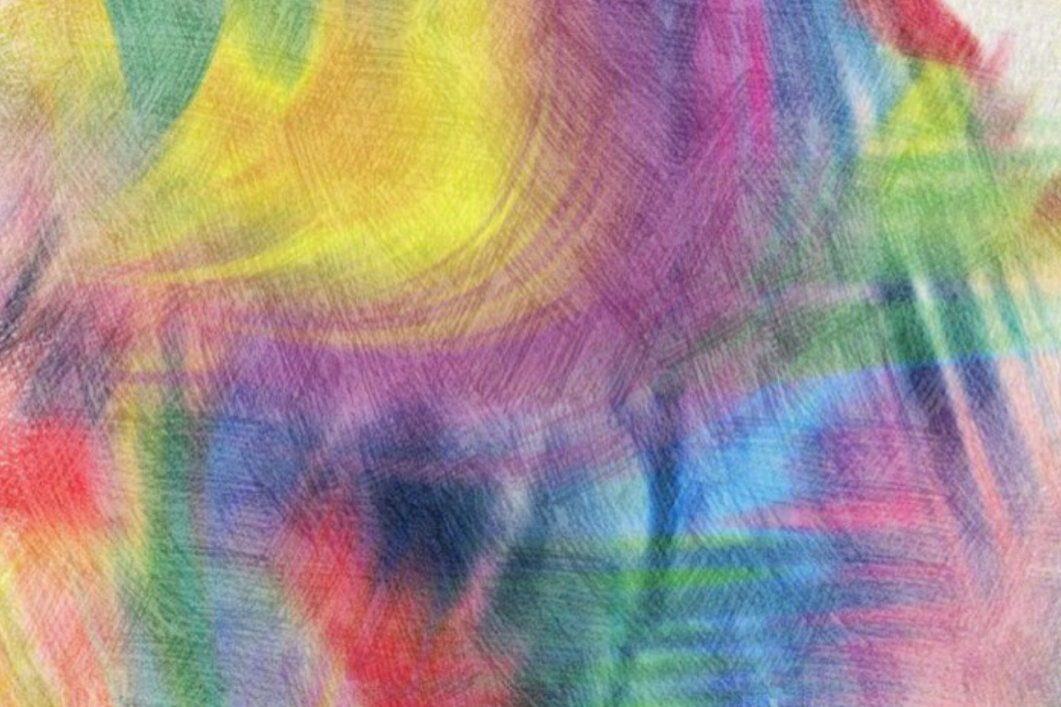 Abstrakte Zeichnung, in der sich Gelb, Violett, Blau, Rot und Grün ineinander mischen